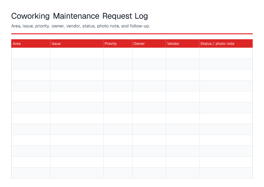 Coworking Maintenance Request Log — printable PDF preview