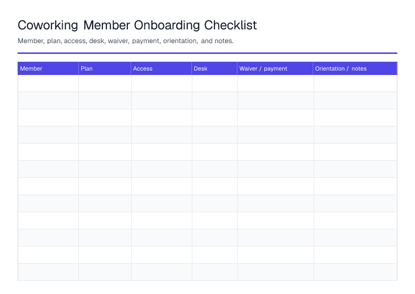 Coworking Member Onboarding Checklist — printable PDF preview