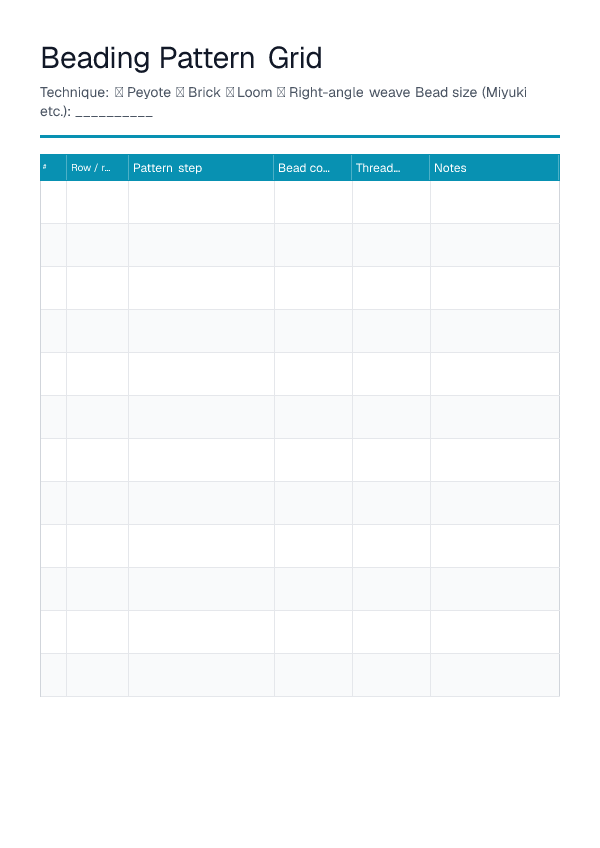 Beading Pattern Grid — printable PDF preview