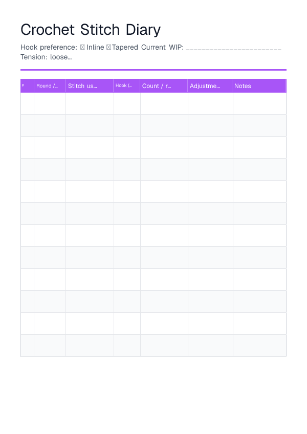 Crochet Stitch Diary — printable PDF preview
