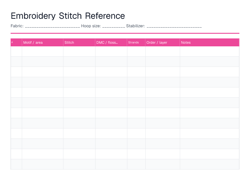 Embroidery Stitch Reference — printable PDF preview