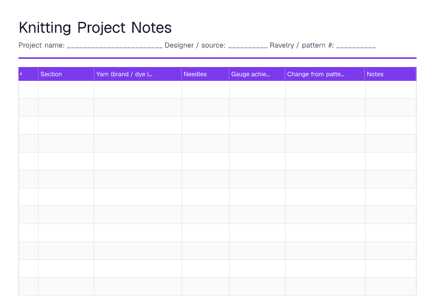 Knitting Project Notes — printable PDF preview