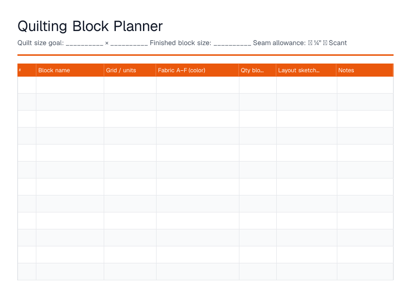Quilting Block Planner — printable PDF preview