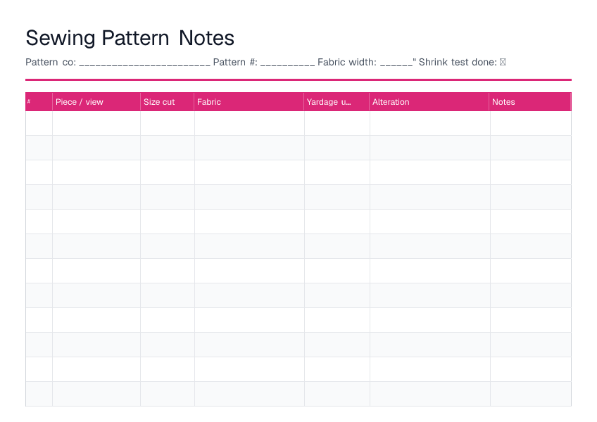 Sewing Pattern Notes — printable PDF preview
