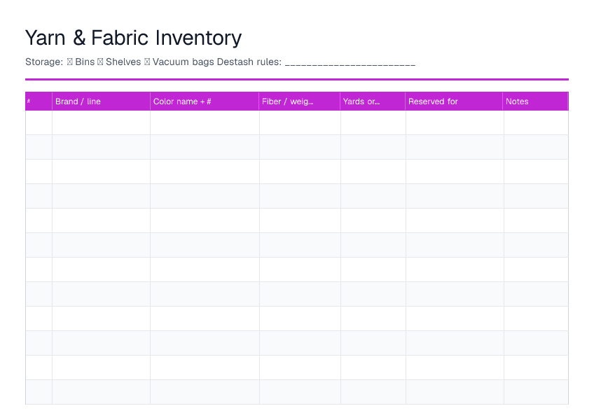 Yarn & Fabric Inventory — printable PDF preview