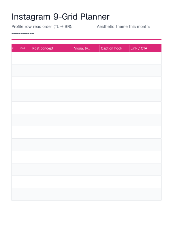 Instagram 9-Grid Planner — printable PDF preview