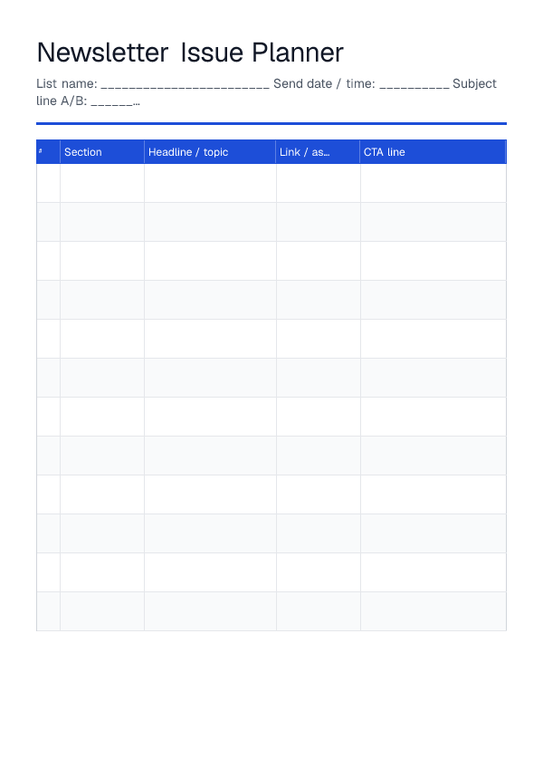 Newsletter Issue Planner — printable PDF preview