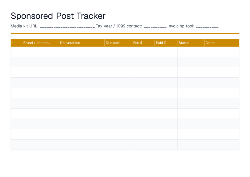 Sponsored Post Tracker — printable PDF preview