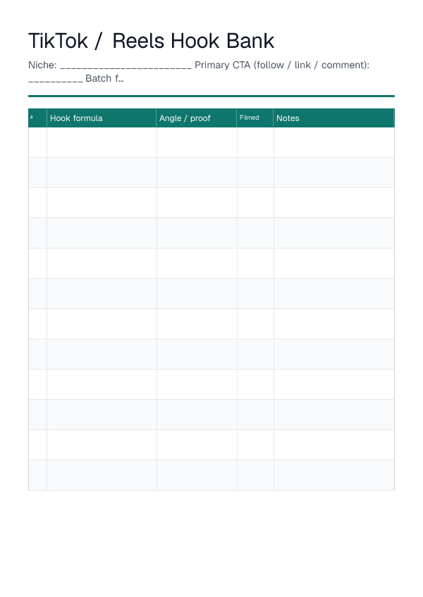 TikTok / Reels Hook Bank — printable PDF preview