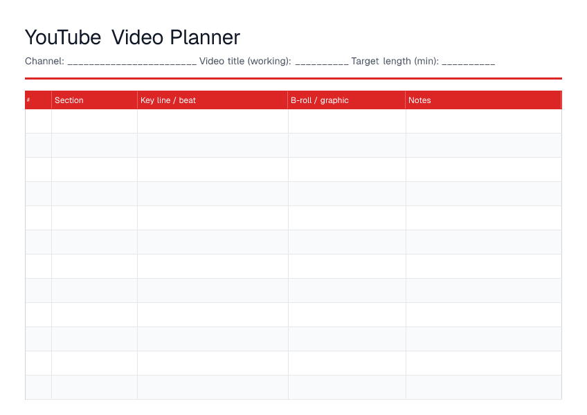 YouTube Video Planner — printable PDF preview