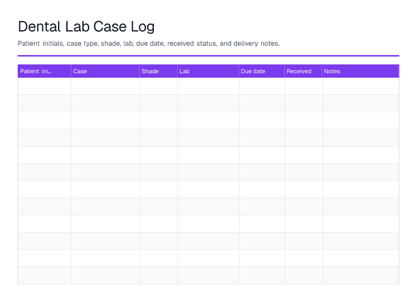 Dental Lab Case Log — printable PDF preview