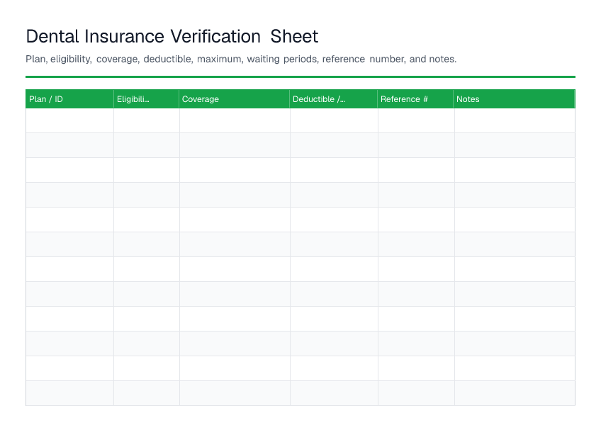 Dental Insurance Verification Sheet — printable PDF preview