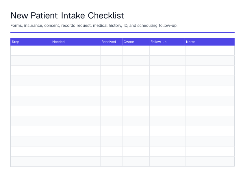 New Patient Intake Checklist — printable PDF preview