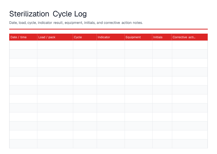 Sterilization Cycle Log — printable PDF preview