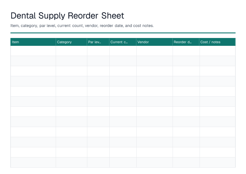 Dental Supply Reorder Sheet — printable PDF preview