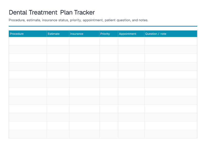 Dental Treatment Plan Tracker — printable PDF preview