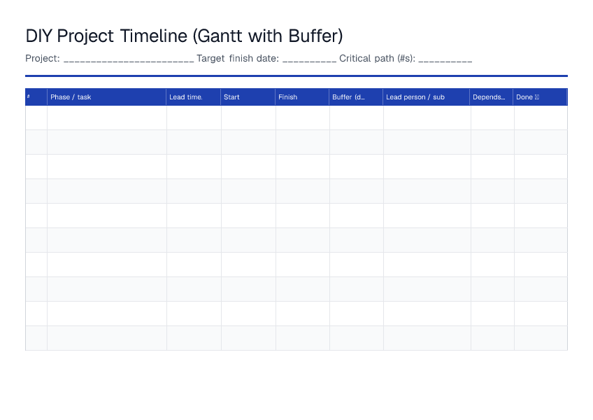 DIY Project Timeline (Gantt with Buffer) — printable PDF preview