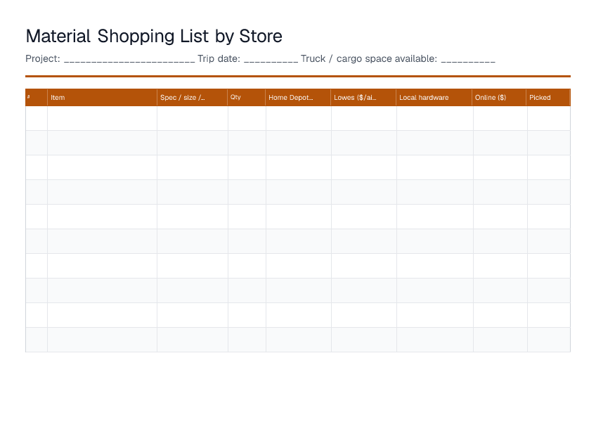 Material Shopping List by Store — printable PDF preview