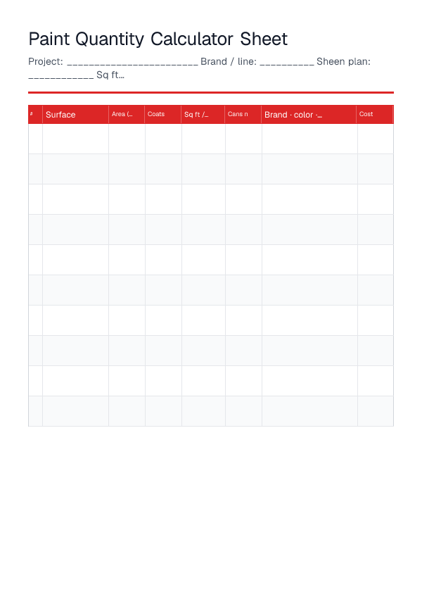 Paint Quantity Calculator Sheet — printable PDF preview
