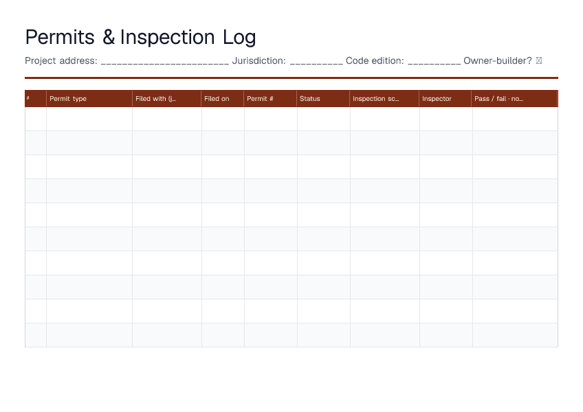 Permits & Inspection Log — printable PDF preview