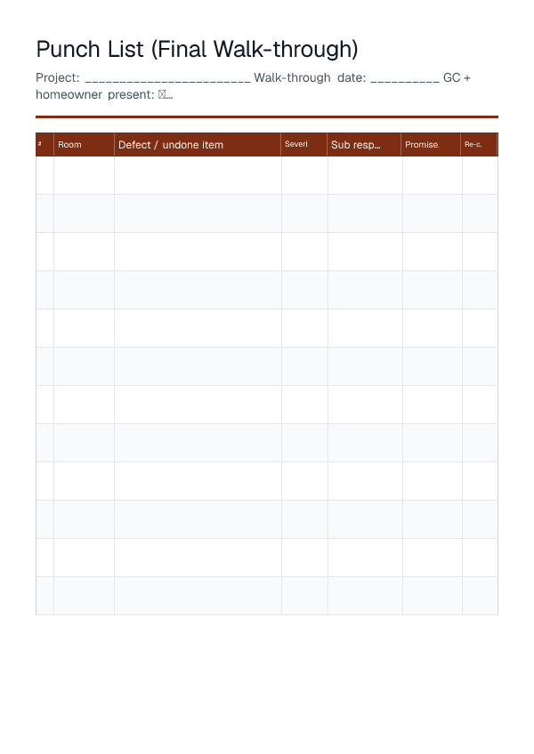 Punch List (Final Walk-through) — printable PDF preview