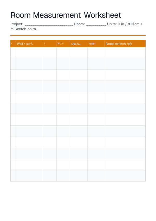 Room Measurement Worksheet — printable PDF preview