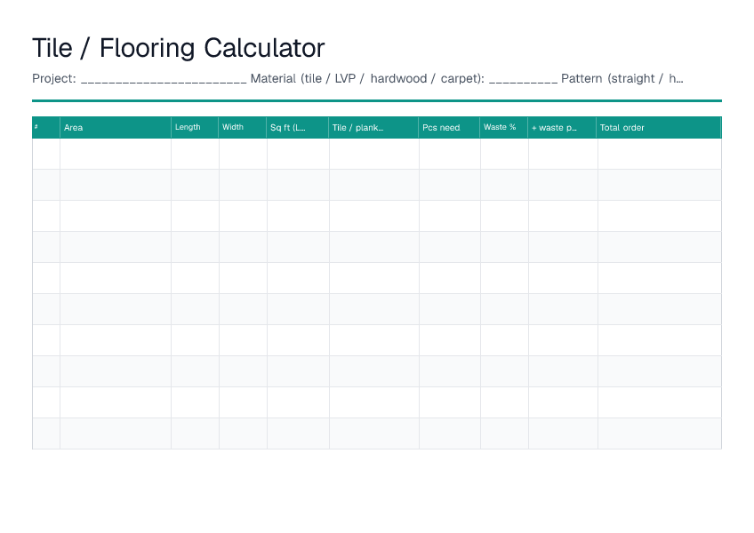 Tile / Flooring Calculator — printable PDF preview