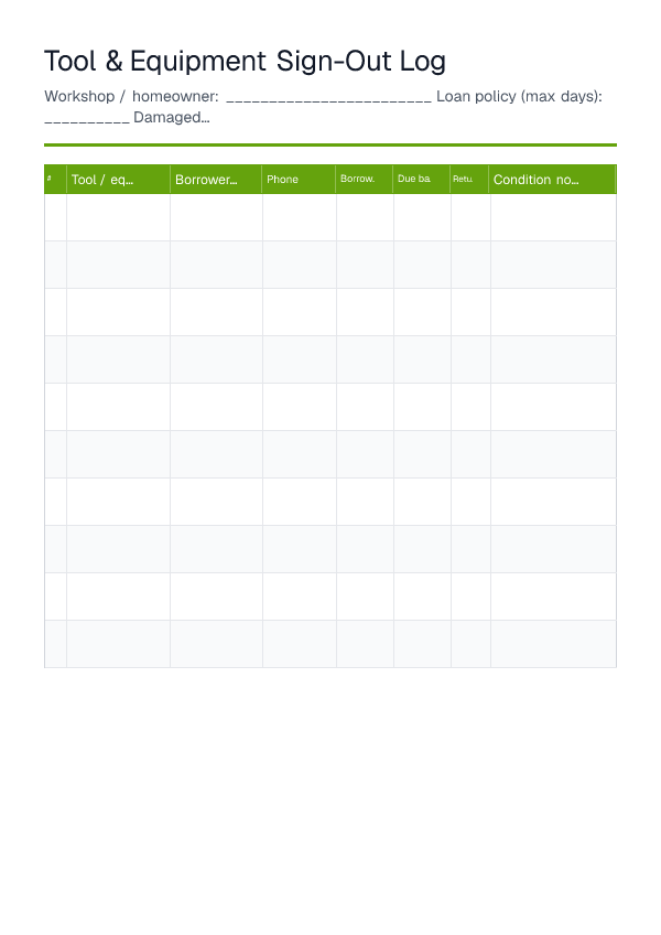 Tool & Equipment Sign-Out Log — printable PDF preview