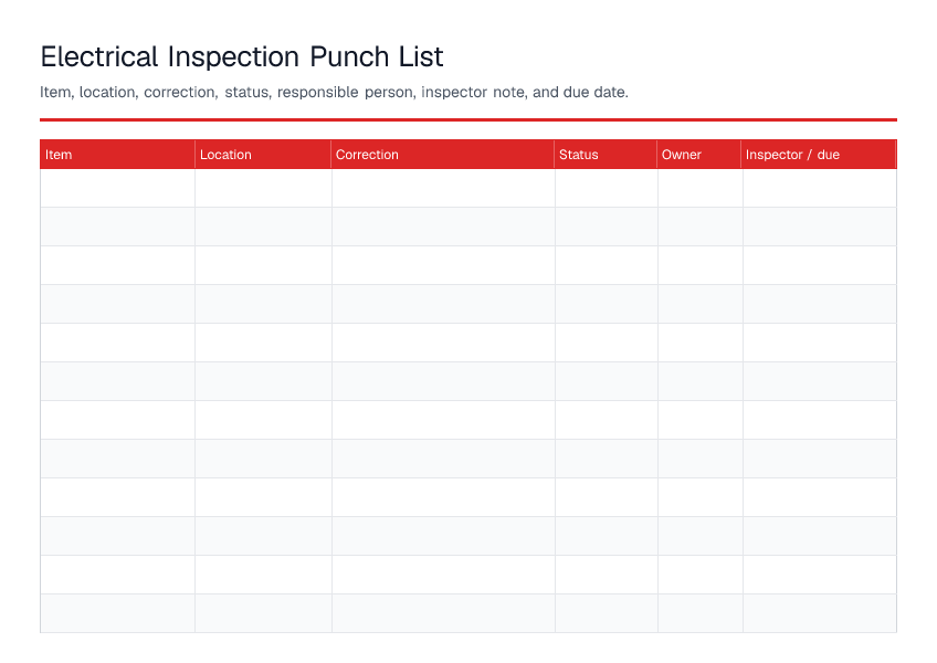 Electrical Inspection Punch List — printable PDF preview