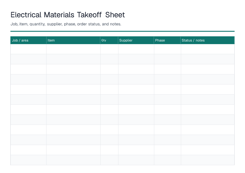 Electrical Materials Takeoff Sheet — printable PDF preview