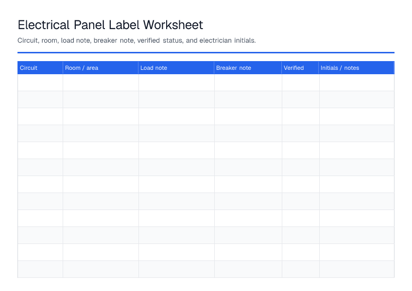 Electrical Panel Label Worksheet — printable PDF preview