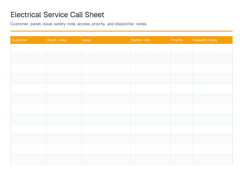 Electrical Service Call Sheet — printable PDF preview