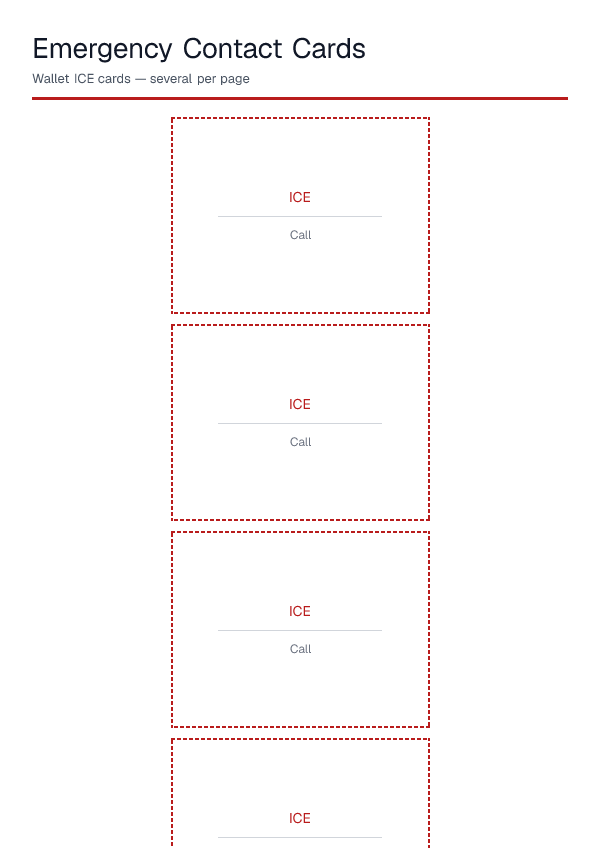 Emergency Contact Cards — printable PDF preview