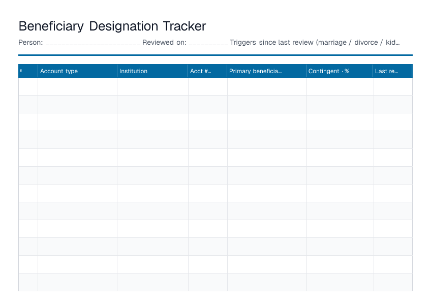 Beneficiary Designation Tracker — printable PDF preview
