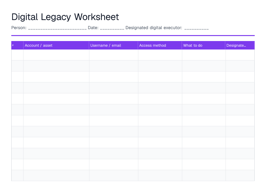 Digital Legacy Worksheet — printable PDF preview