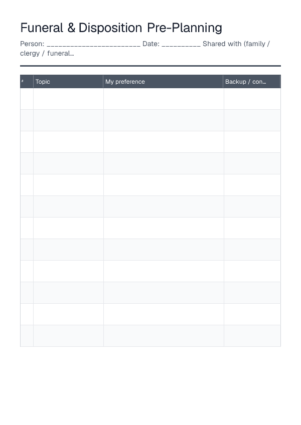 Funeral & Disposition Pre-Planning — printable PDF preview