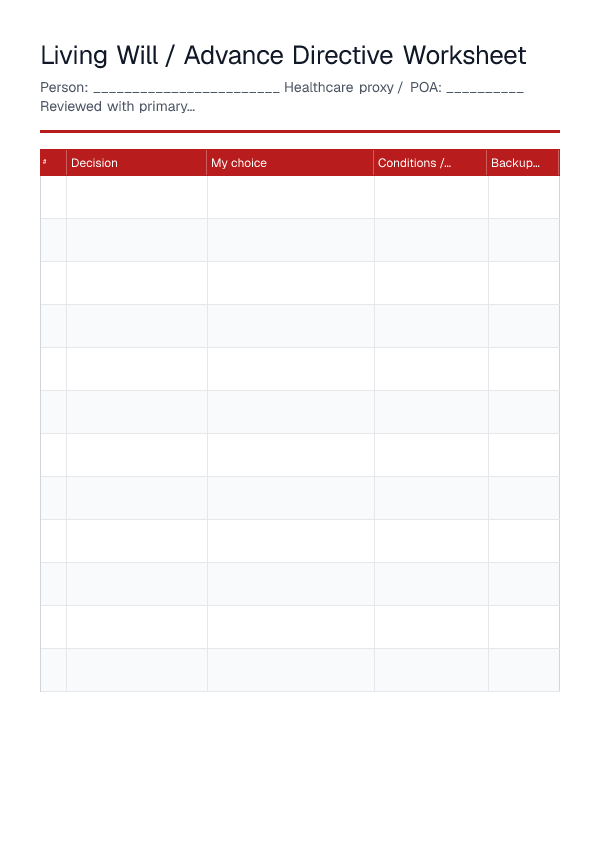 Living Will / Advance Directive Worksheet — printable PDF preview