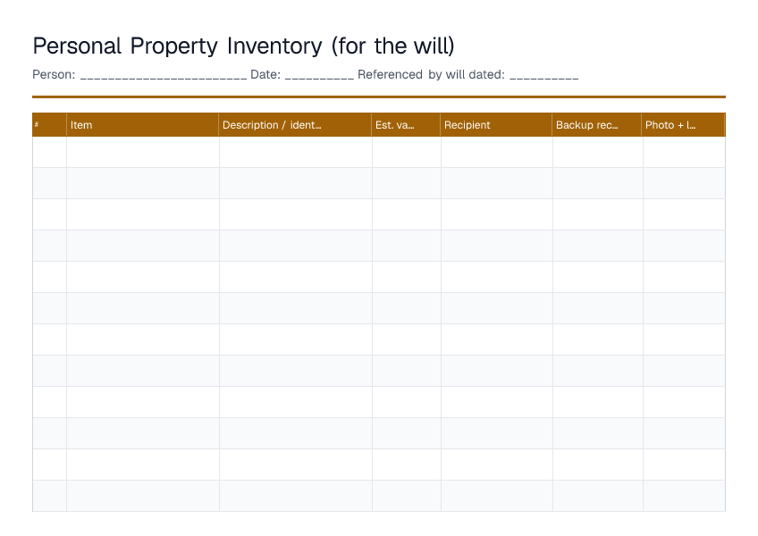 Personal Property Inventory — printable PDF preview