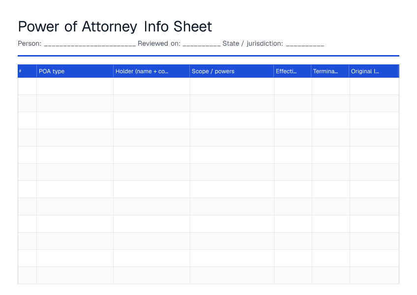 Power of Attorney Info Sheet — printable PDF preview