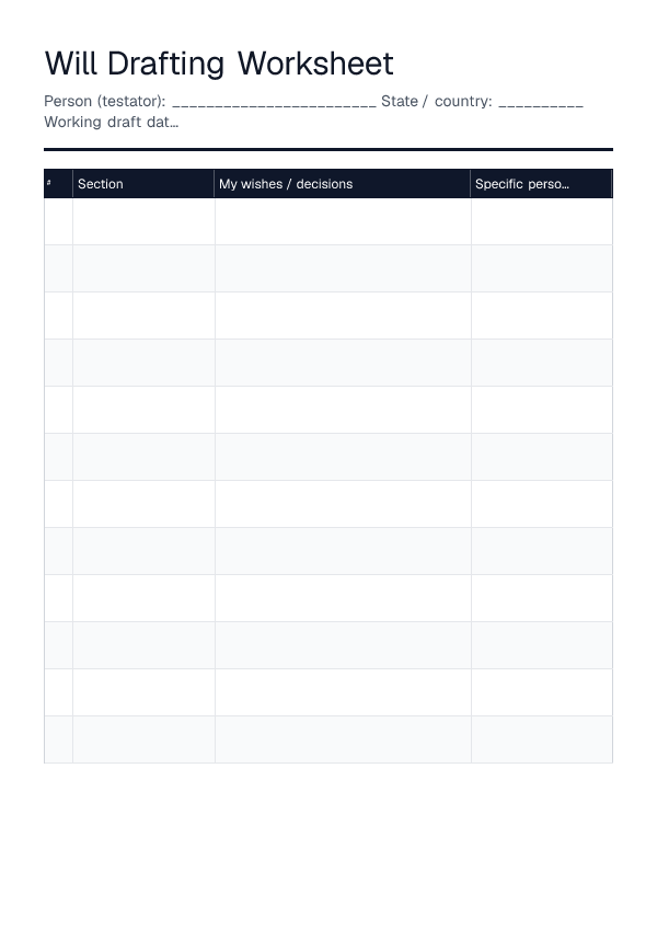 Will Drafting Worksheet — printable PDF preview