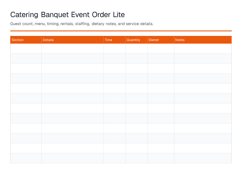 Catering Banquet Event Order Lite — printable PDF preview