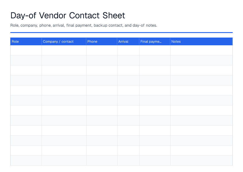 Day-of Vendor Contact Sheet — printable PDF preview