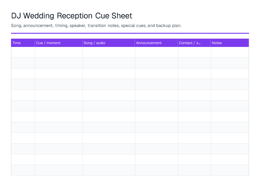 DJ Wedding Reception Cue Sheet — printable PDF preview