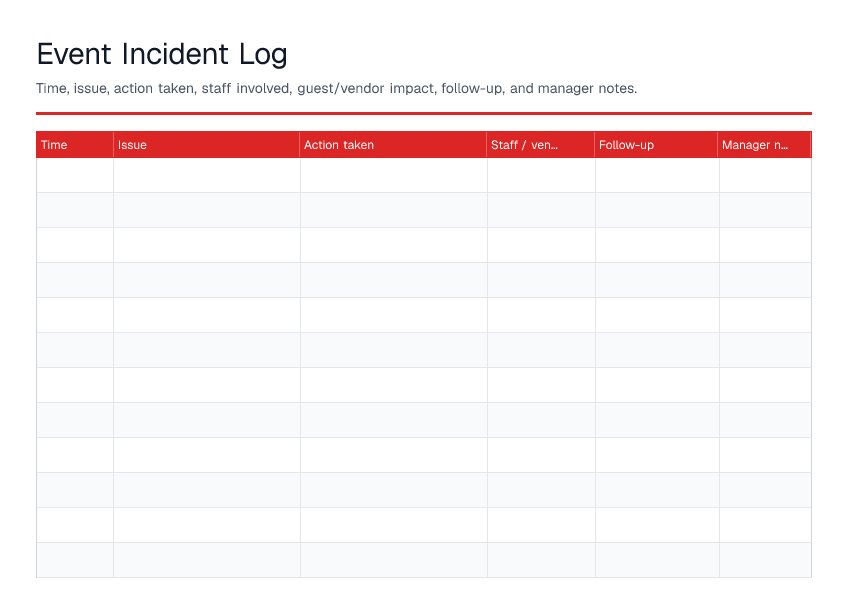 Event Incident Log — printable PDF preview