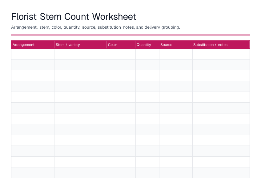 Florist Stem Count Worksheet — printable PDF preview