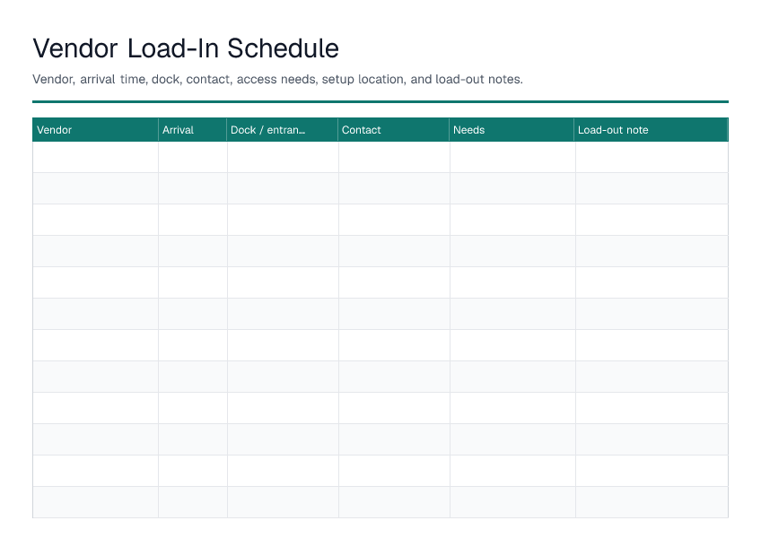 Vendor Load-In Schedule — printable PDF preview