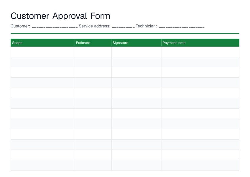 Customer Approval Form — printable PDF preview