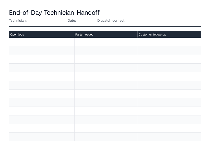 End-of-Day Technician Handoff — printable PDF preview