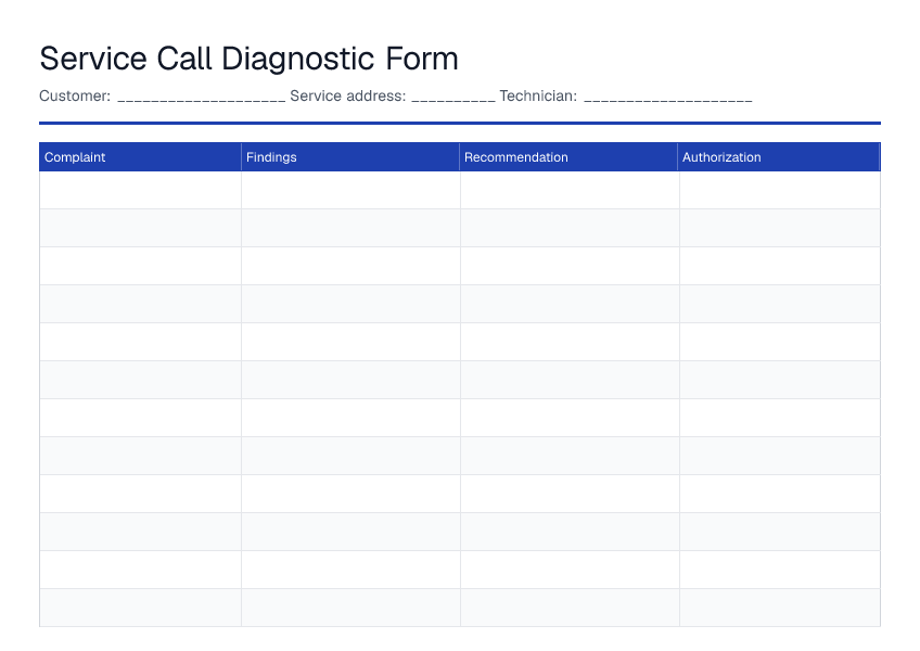 Service Call Diagnostic Form — printable PDF preview