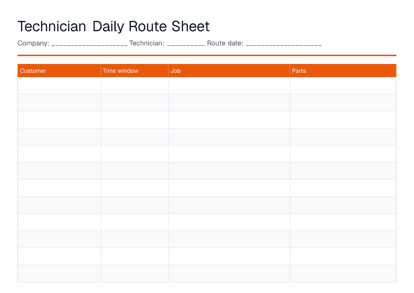 Technician Daily Route Sheet — printable PDF preview